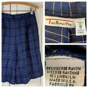 Talbots Italian Fabric Plaid Shorts Womens 8 Blue Pleated‎ USA Vintage VTG Retro